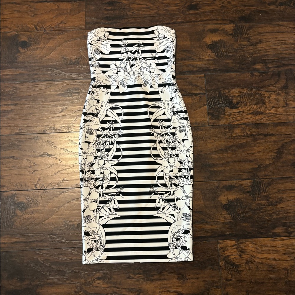 Express Size 0 Strapless Body con Midi Dress Black and White Flowers